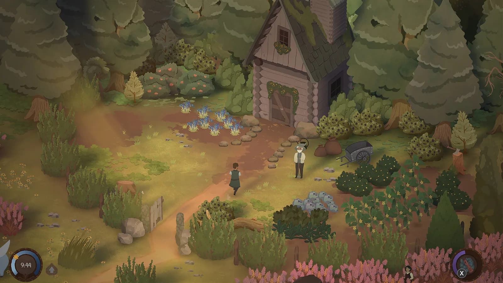 A cottage and planted beds at the edge of a forest