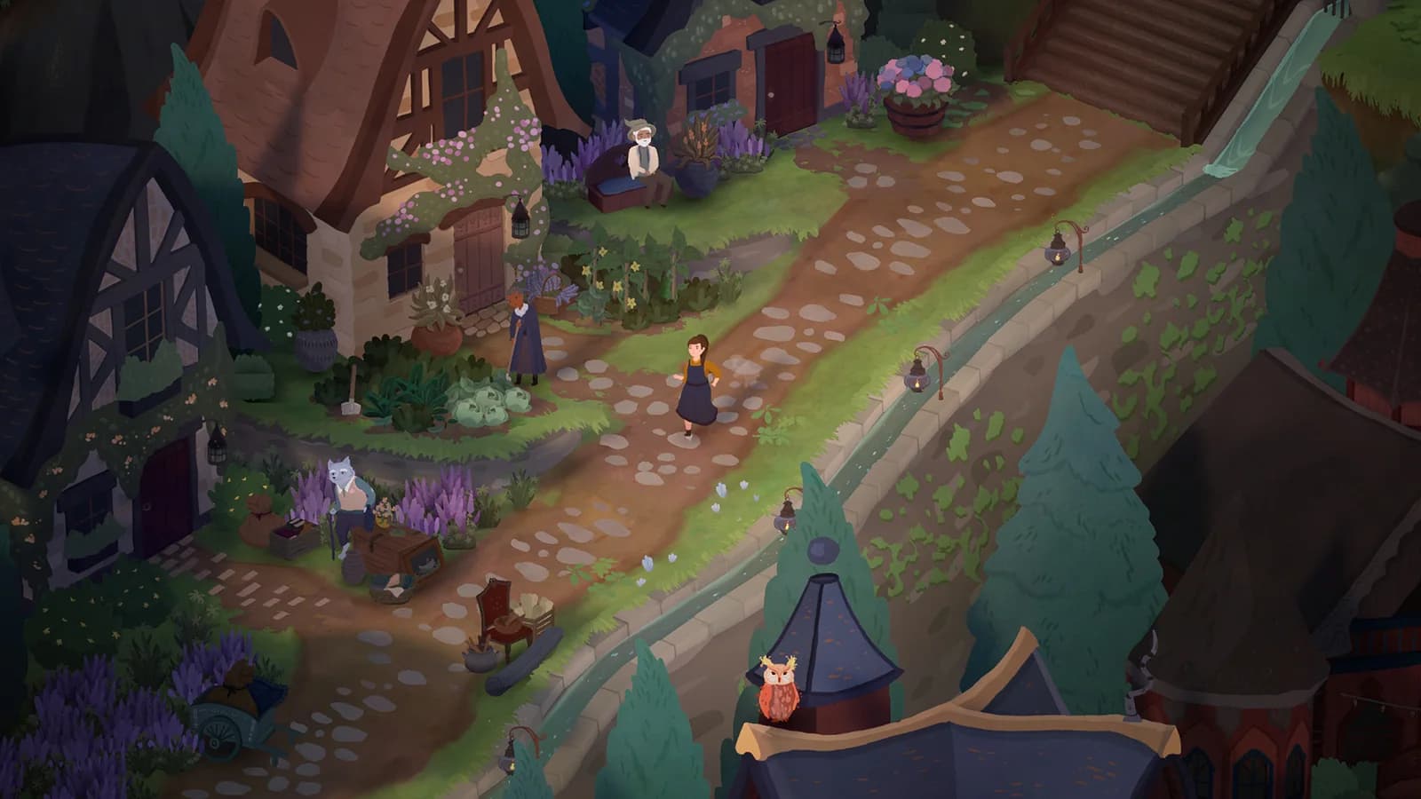 A colorful village street with shops and passing characters