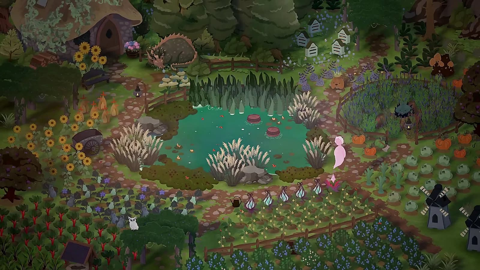 The university garden arranged around a lily-covered pond