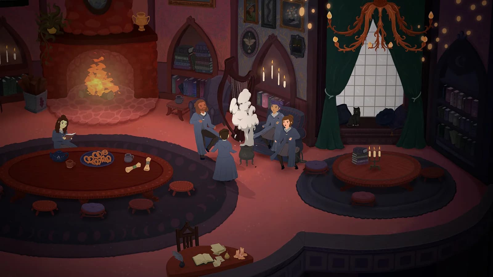 A furnished academy common room with a fireplace and students