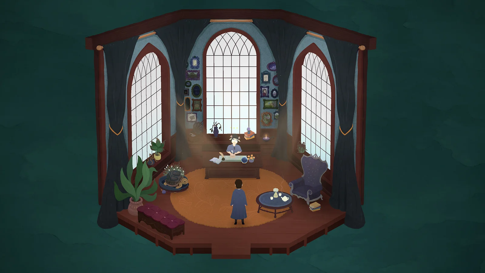 A conversation in a high-windowed office