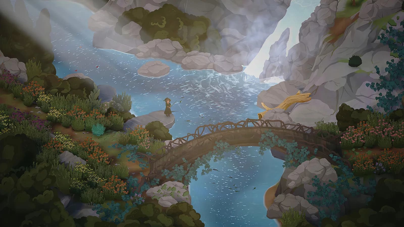 A stone bridge crossing a wooded gorge below waterfalls