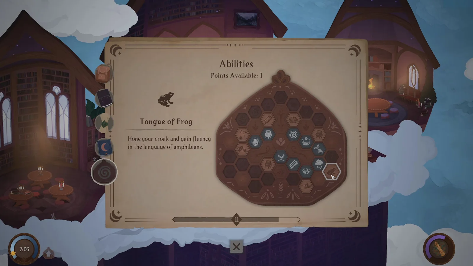 The abilities screen open over an outdoor scene