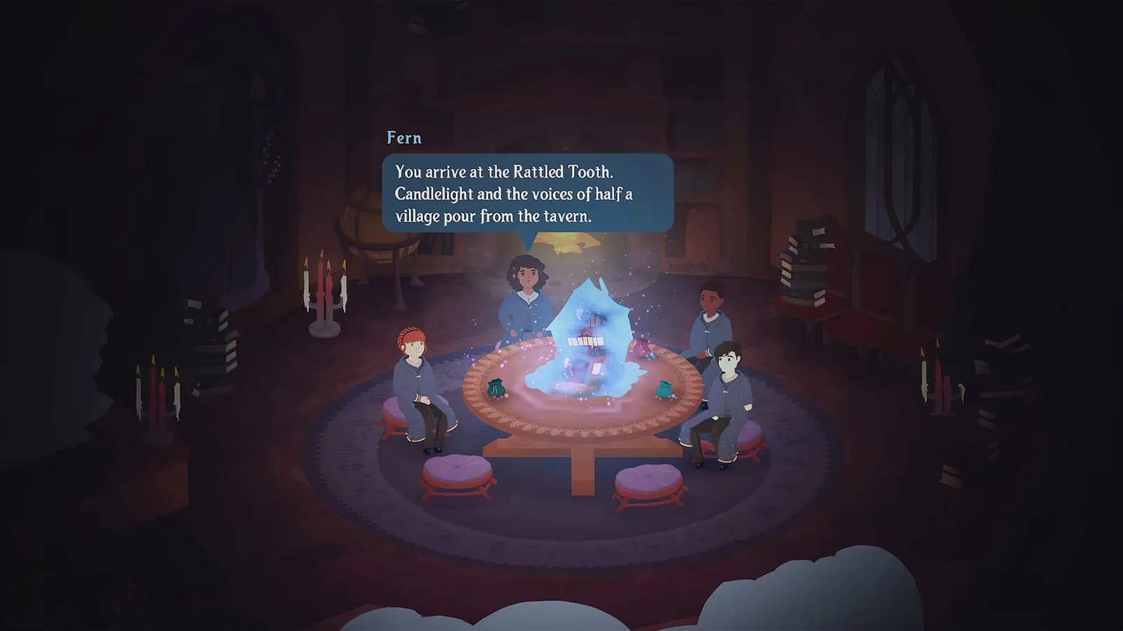 Characters gathered around an illuminated tabletop scene